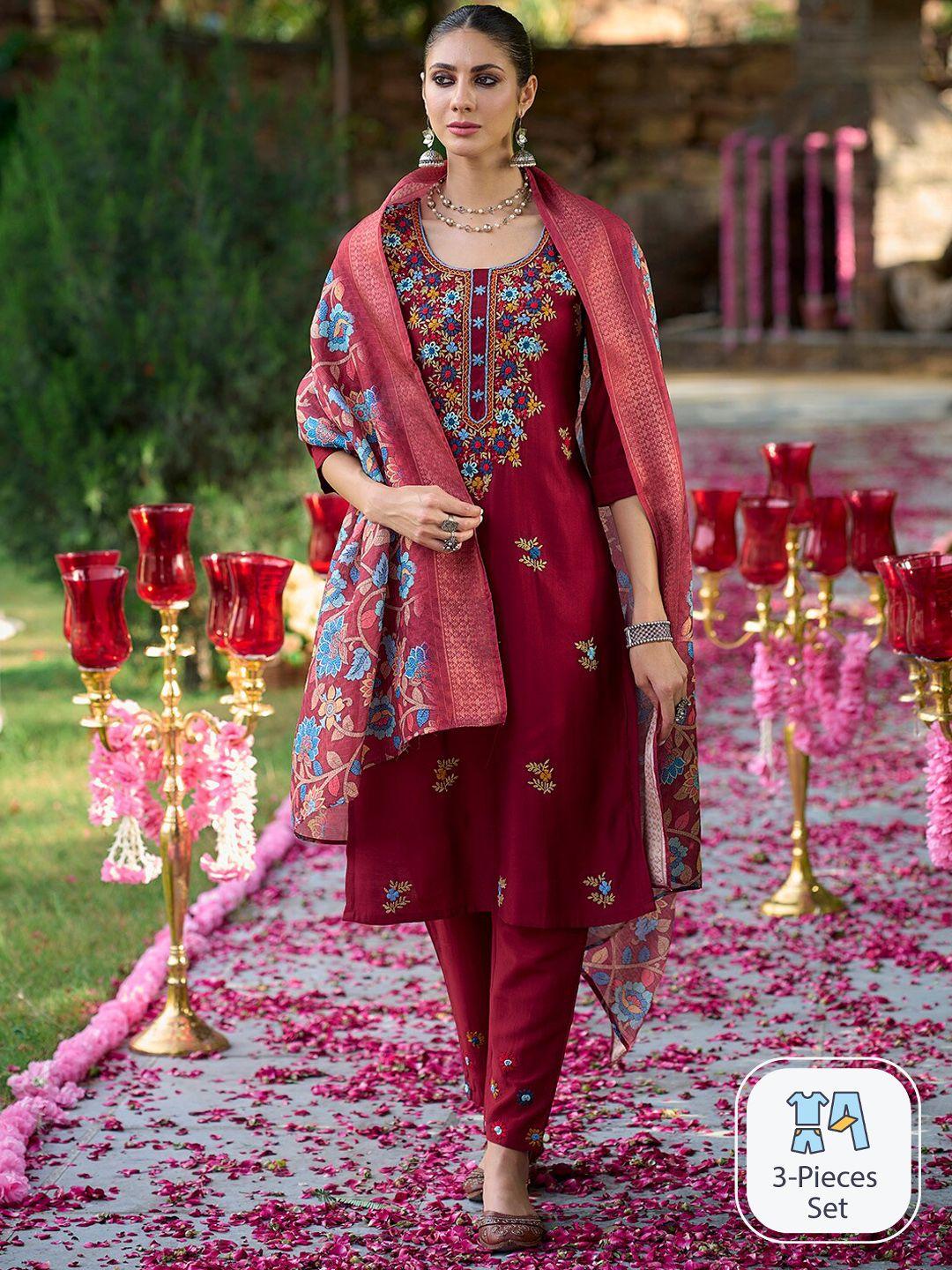 indo era floral embroidered thread work kurta with trousers & dupatta