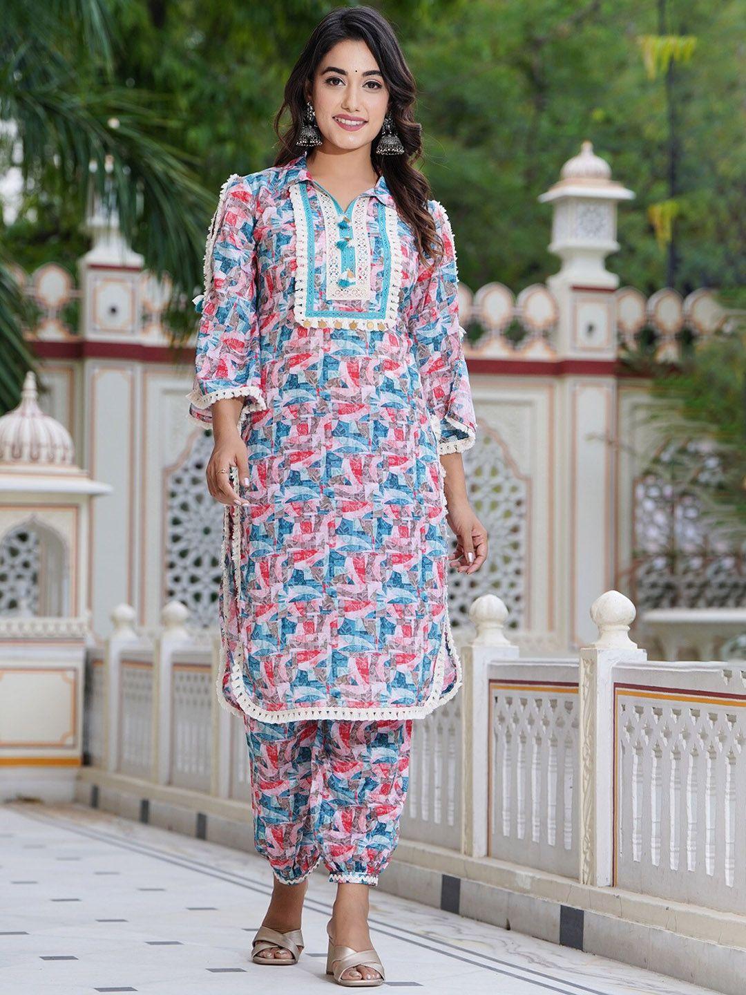 hatheli abstract printed shirt collar thread work kurta with trousers