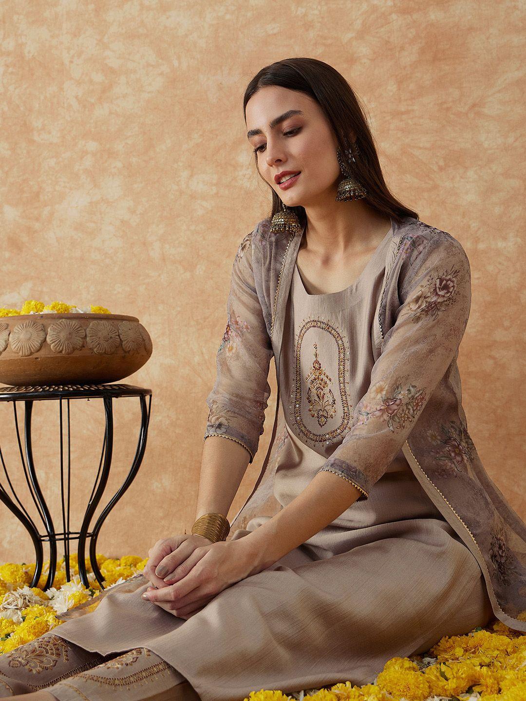 sangria embroidered straight kurta with trouser & shrug