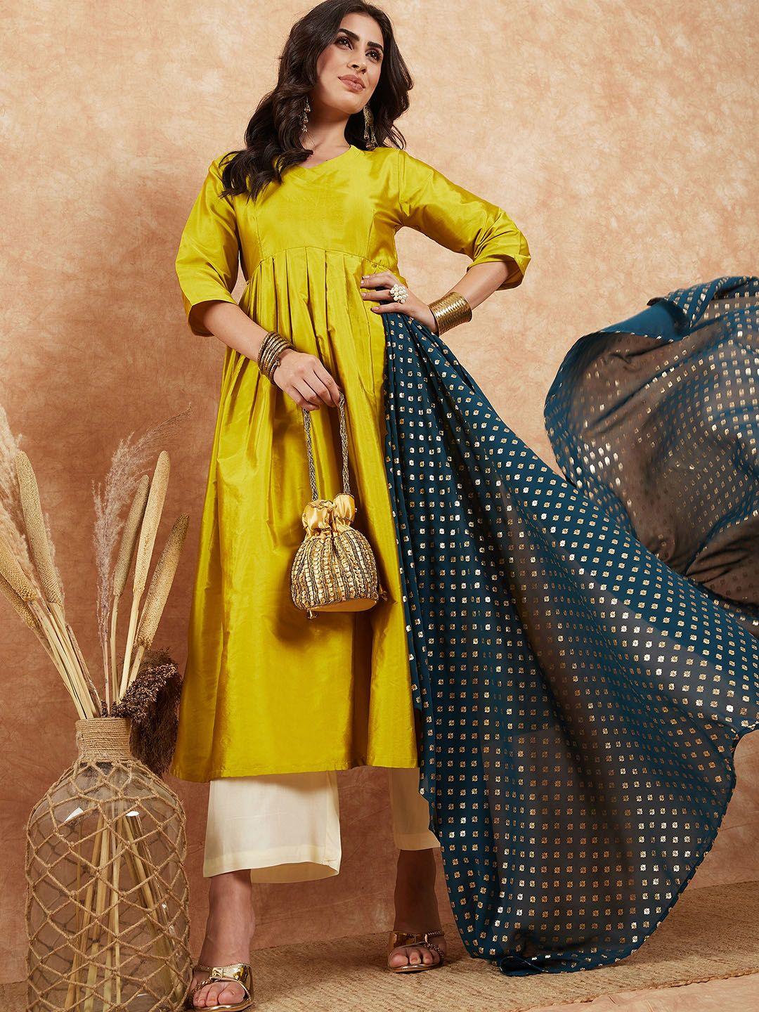 sangria yellow v-neck anarkali kurta with dupatta