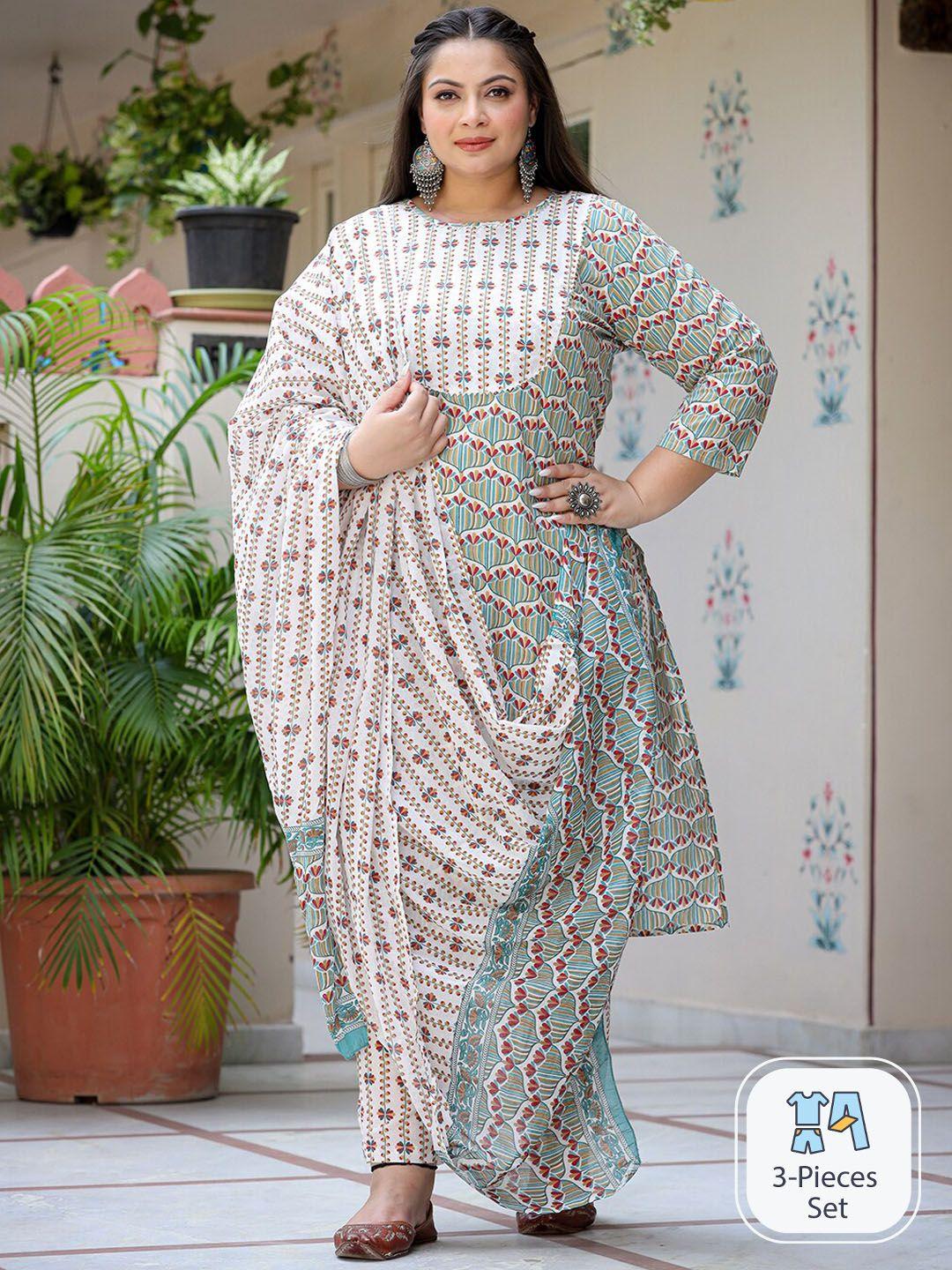 yufta plus size floral printed pure cotton straight kurta & trousers with dupatta