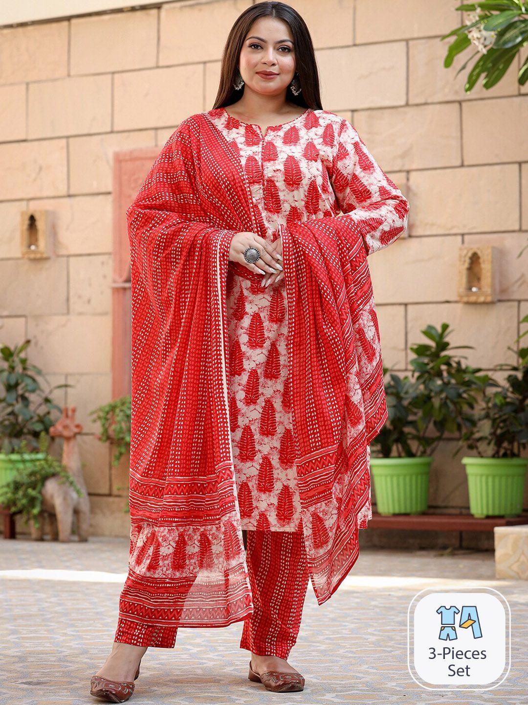 yufta plus size ethnic motifs printed regular pure cotton kurta with trousers & dupatta