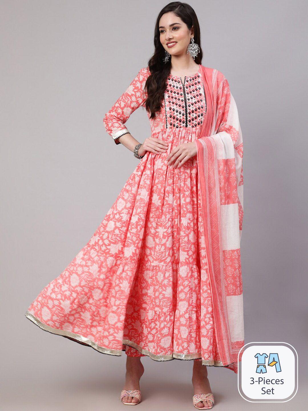 mizaz floral printed thread work pure cotton anarkali kurta with trousers & dupatta