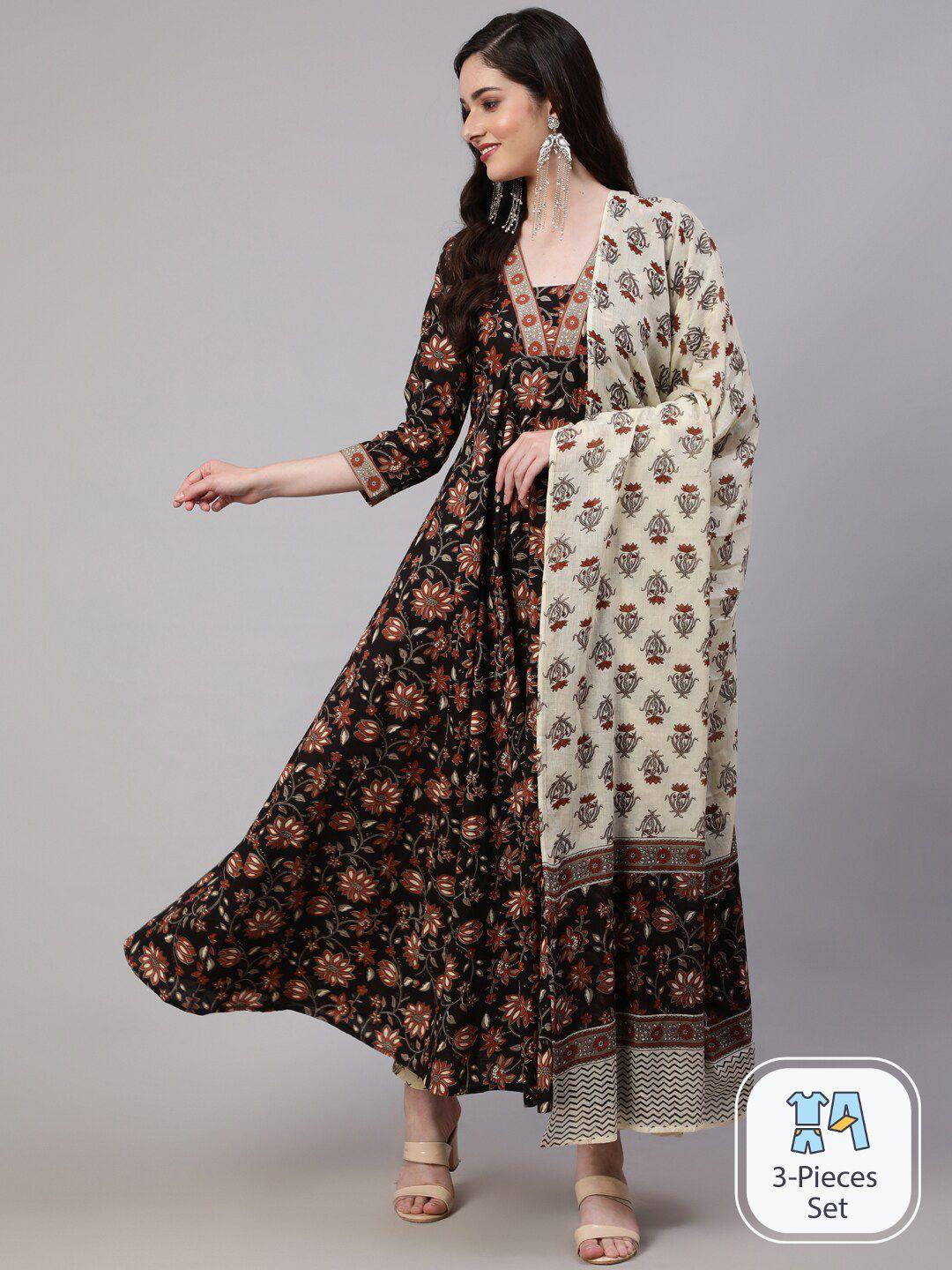 mizaz floral printed pure cotton anarkali kurta with trousers & dupatta