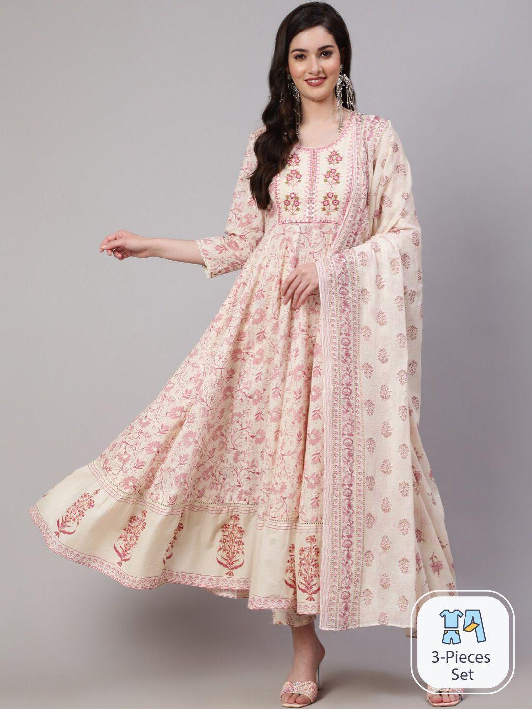 mizaz floral printed pure cotton anarkali kurta with trousers & dupatta