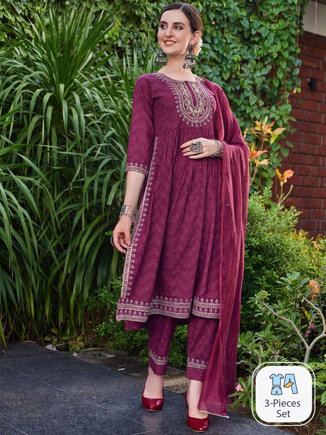 berrylicious ethnic motifs embroidered regular sequinned kurta with trousers & dupatta