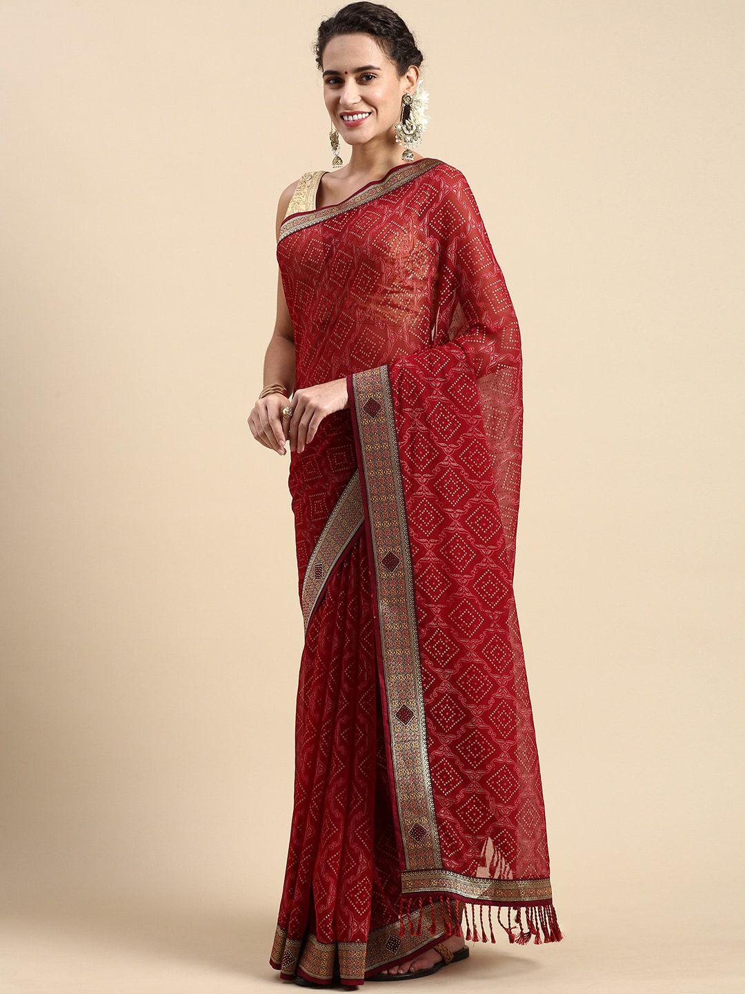 mitera maroon and gold toned geometric printed pure chiffon saree