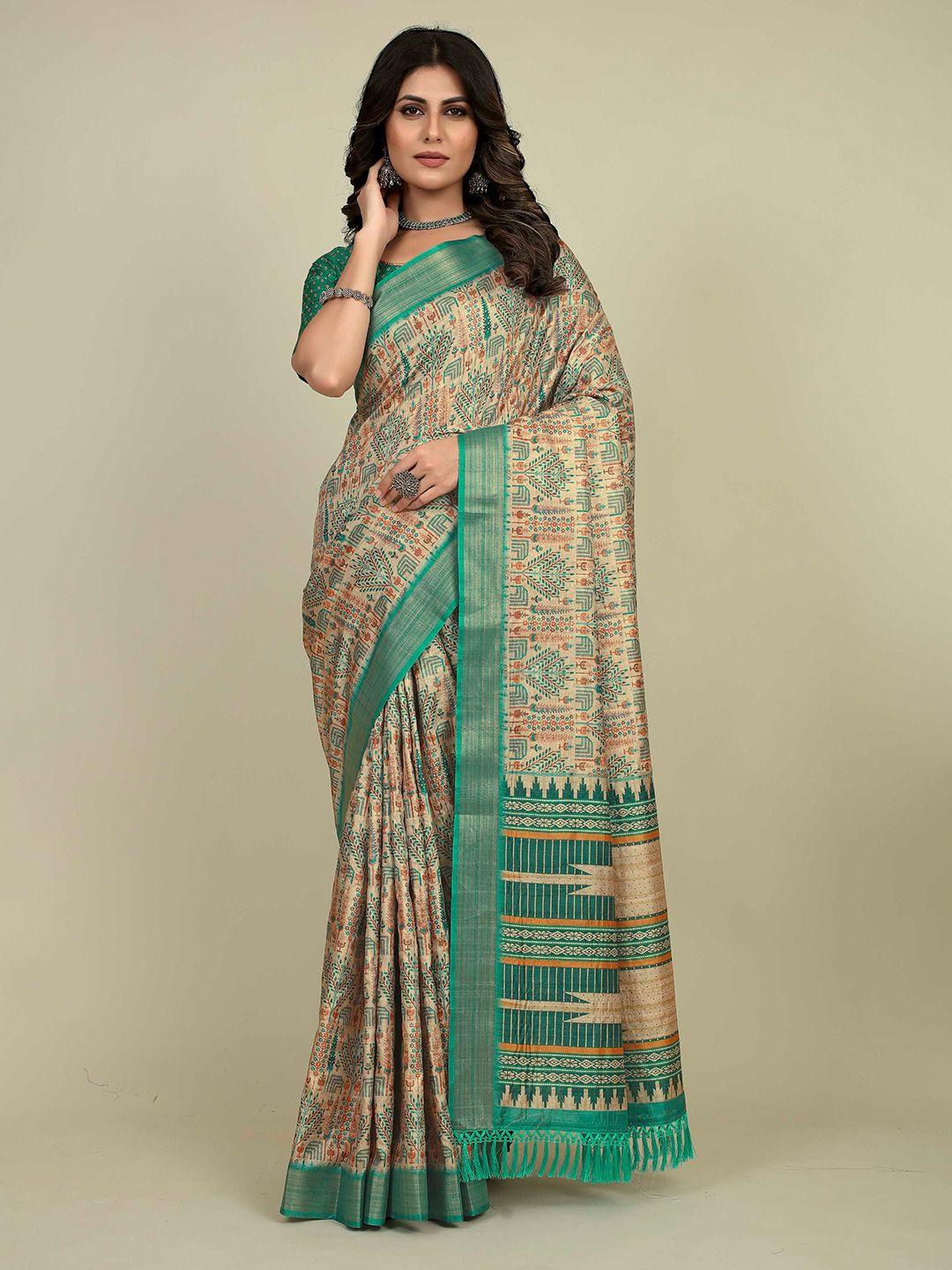 mitera teal & beige floral printed zari saree