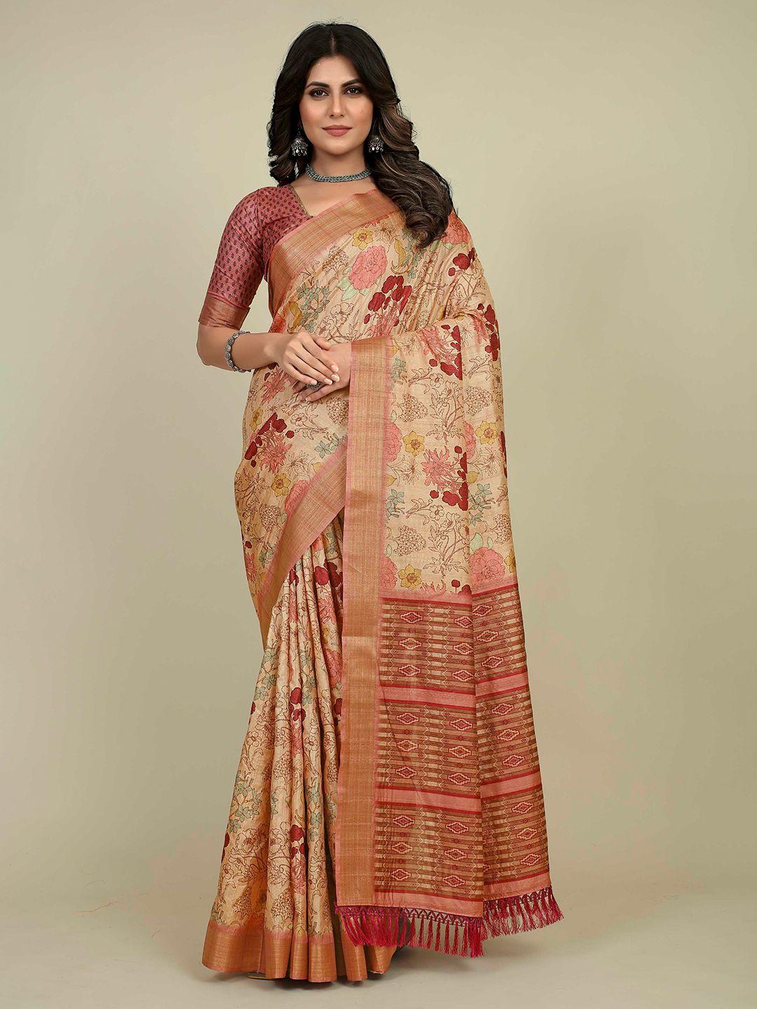 mitera rose gold & yellow floral printed zari saree