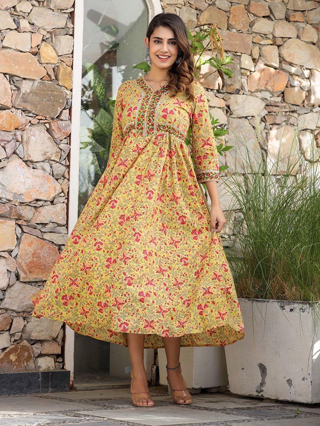 kaajh floral printed gathered cotton a-line midi ethnic dress