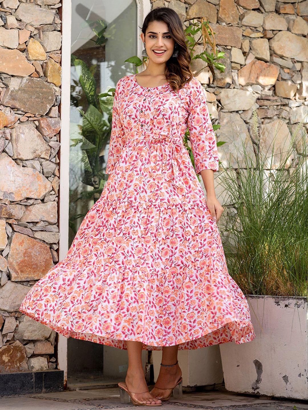 kaajh floral printed gathered tiered cotton a-line midi ethnic dress