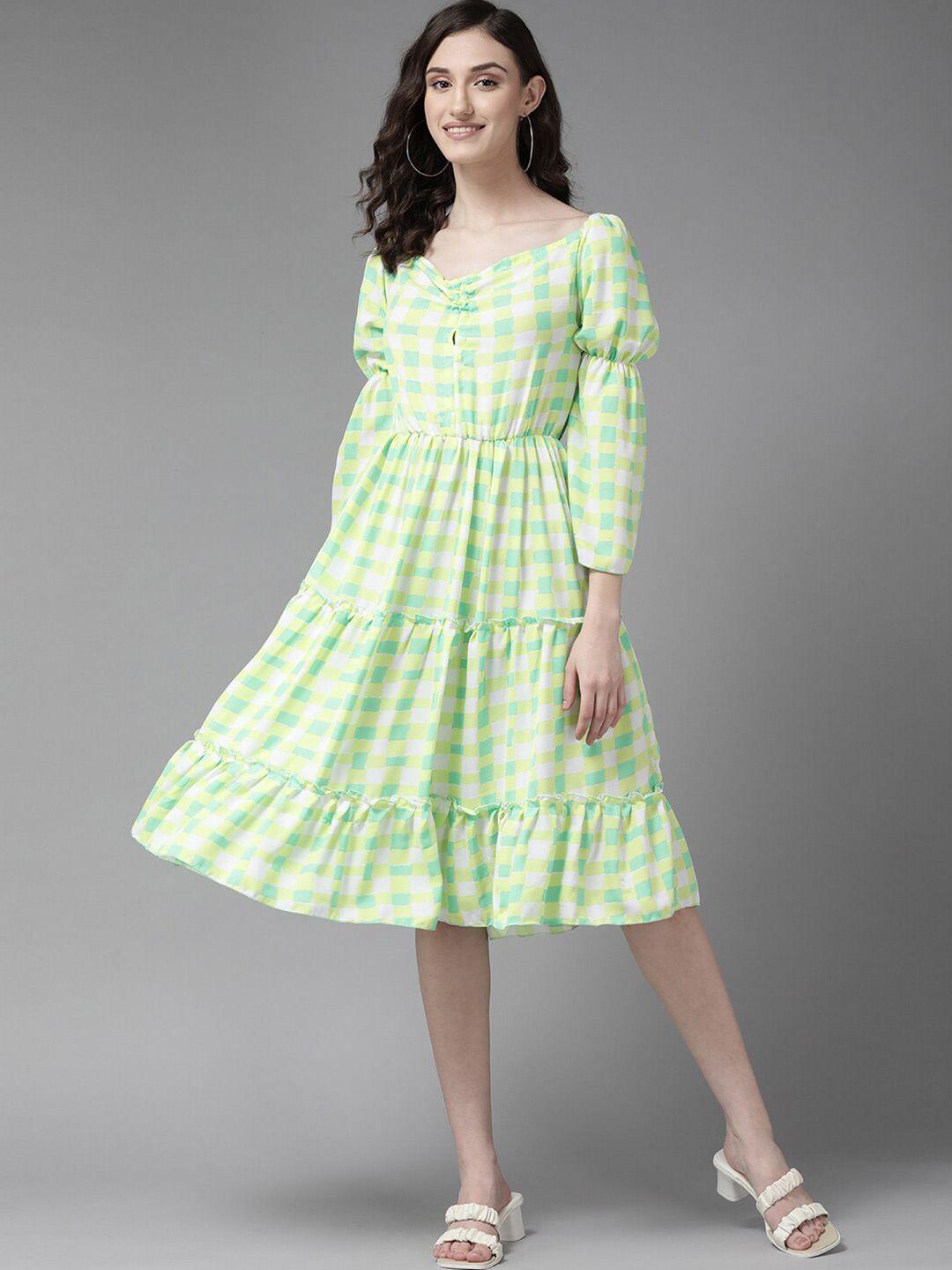 aarika checked flared sleeves tiered a-line knee length dress