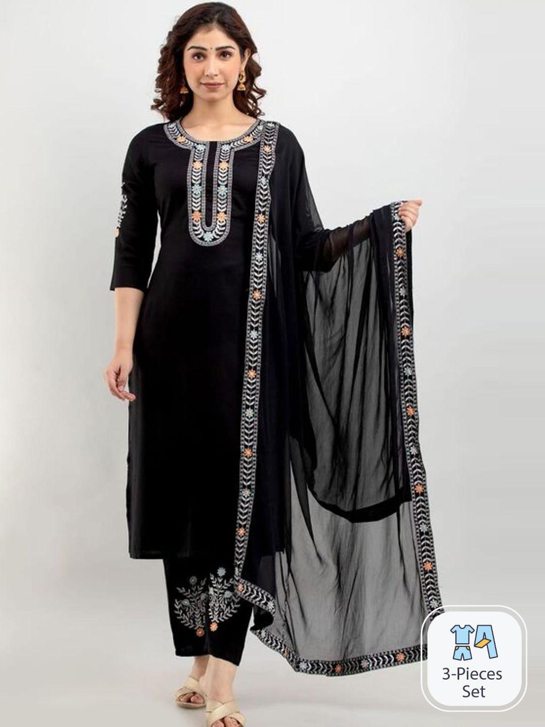 aayumi floral yoke design thread work straight kurta & trouser with dupatta