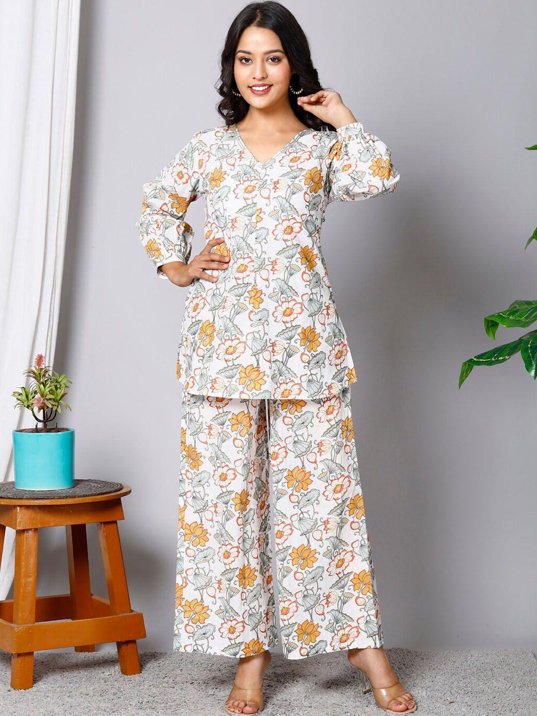 here&now floral printed pure cotton tunic with palazzos