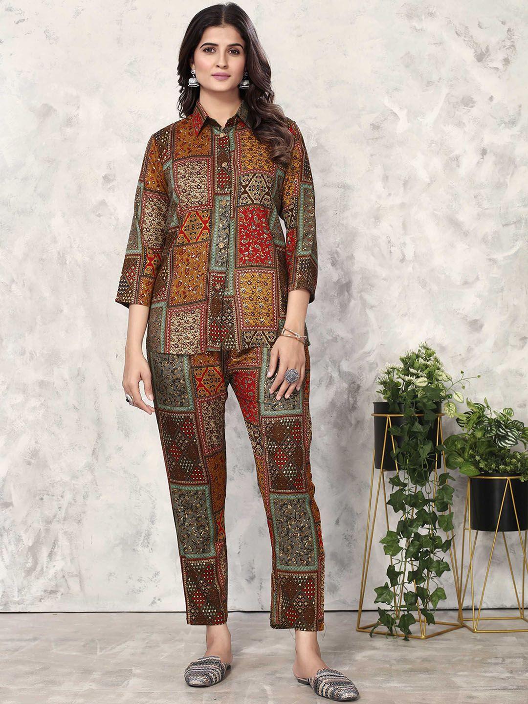 kalini ethnic printed shirt collar three-quarter sleeves co-ord set