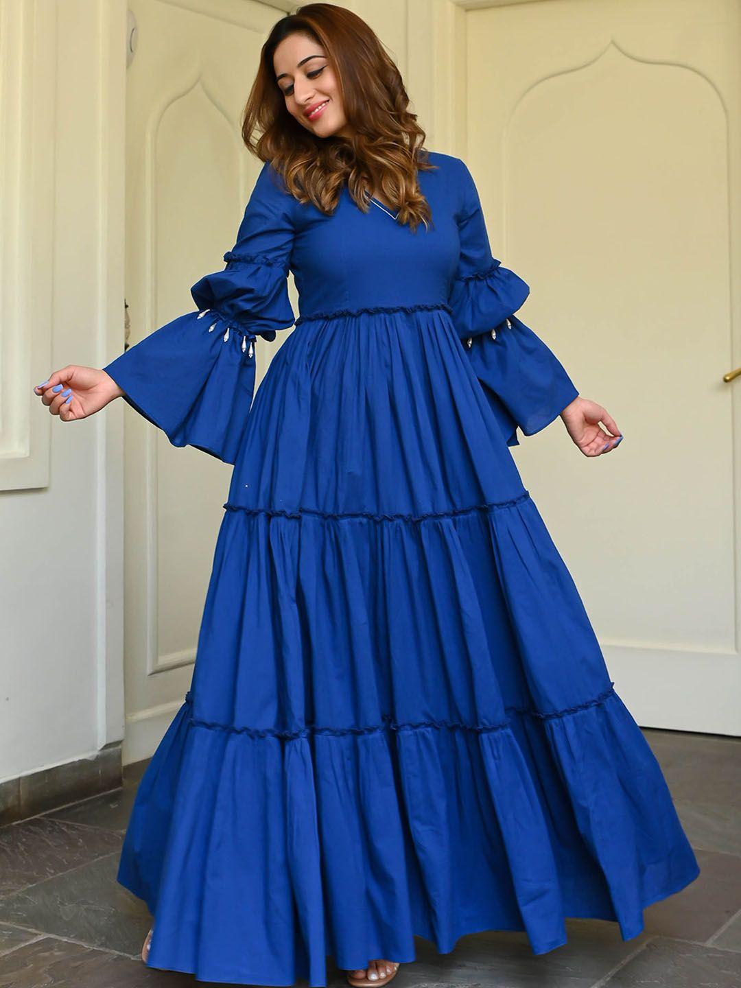 bunaai bell sleeves v neck cotton tiered fit and flared maxi dresses