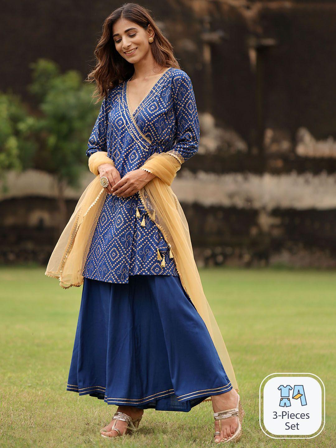 kasya bandhani printed angrakha kurta with sharara & dupatta