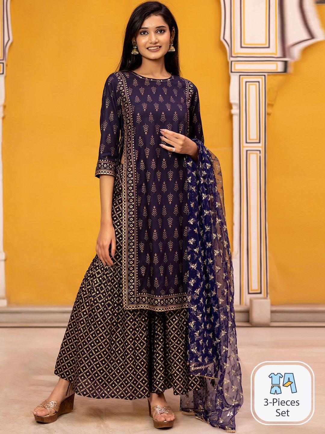 kasya ethnic motifs printed regular kurta with sharara & dupatta