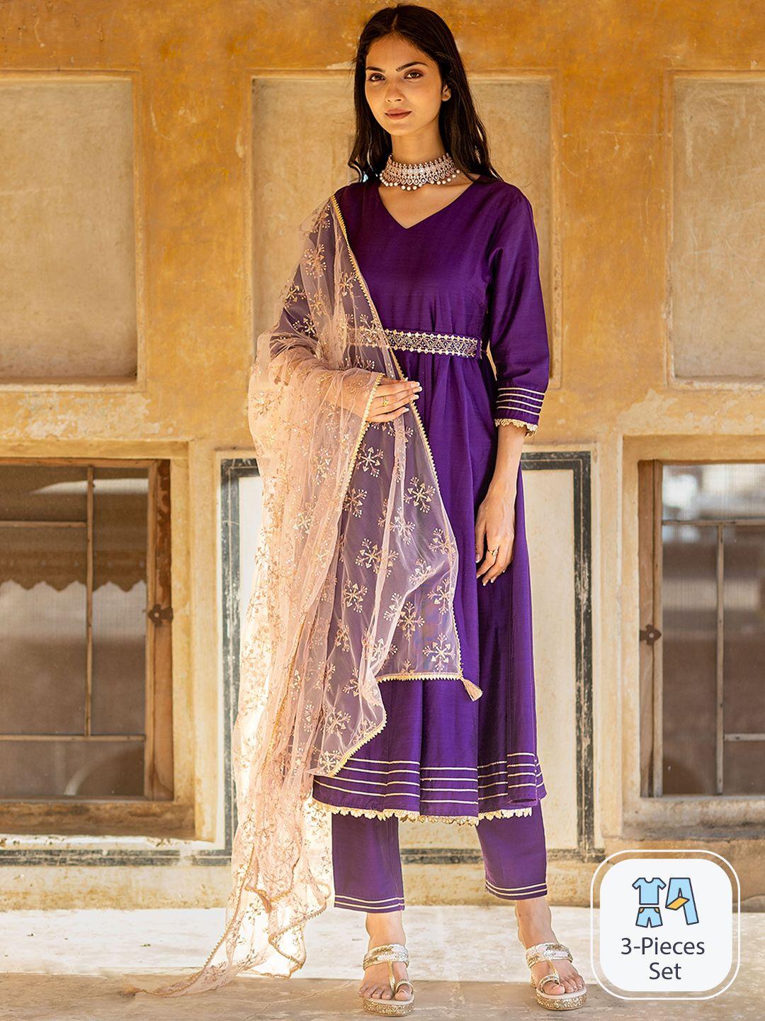 kasya v-neck anarkali kurta with trousers & dupatta