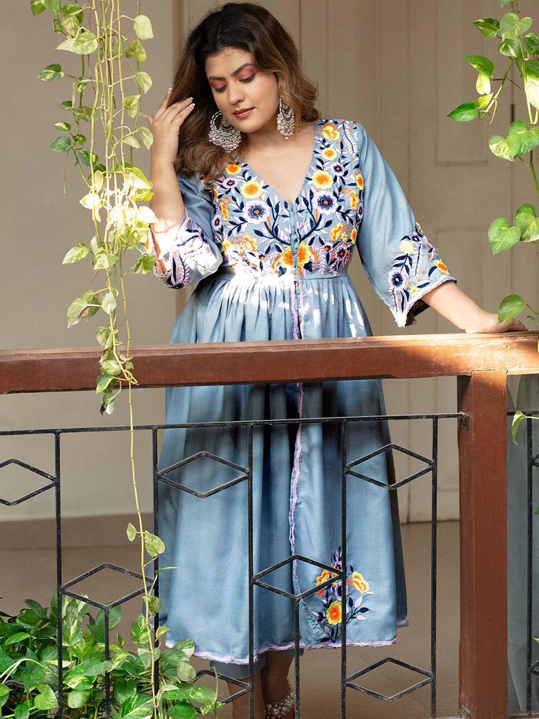 fusionic embroidered v-neck fit & flare cotton ethnic dress