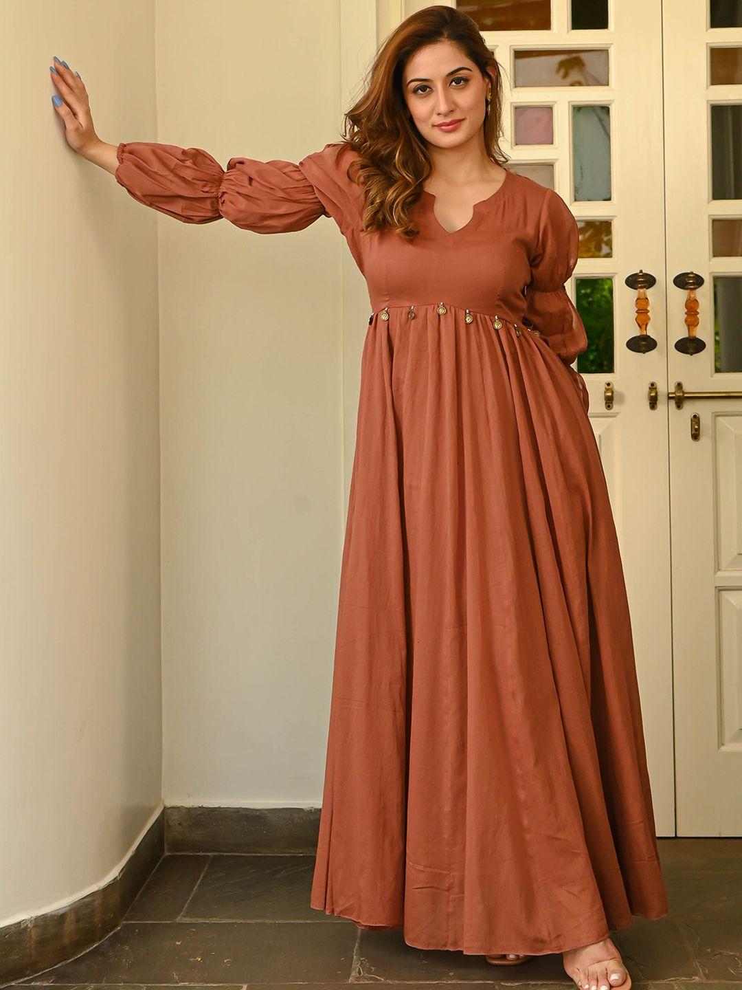 bunaai puff sleeves cotton a line maxi ethnic dress