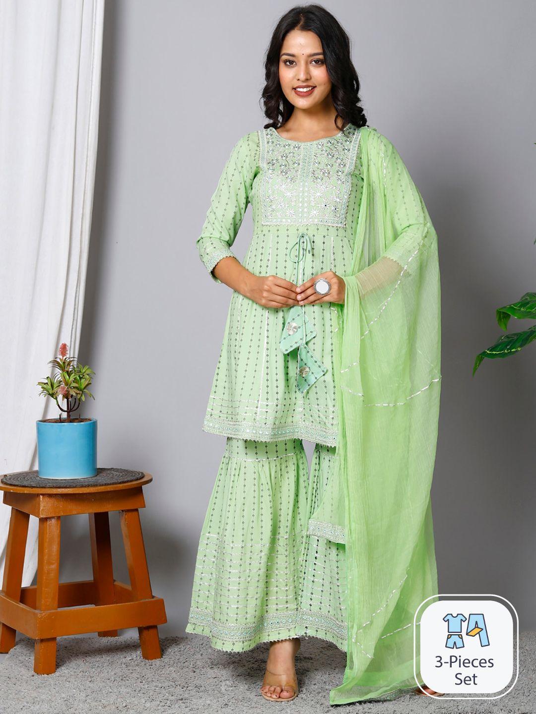 here&now floral printed thread work a-line kurta with sharara & dupatta