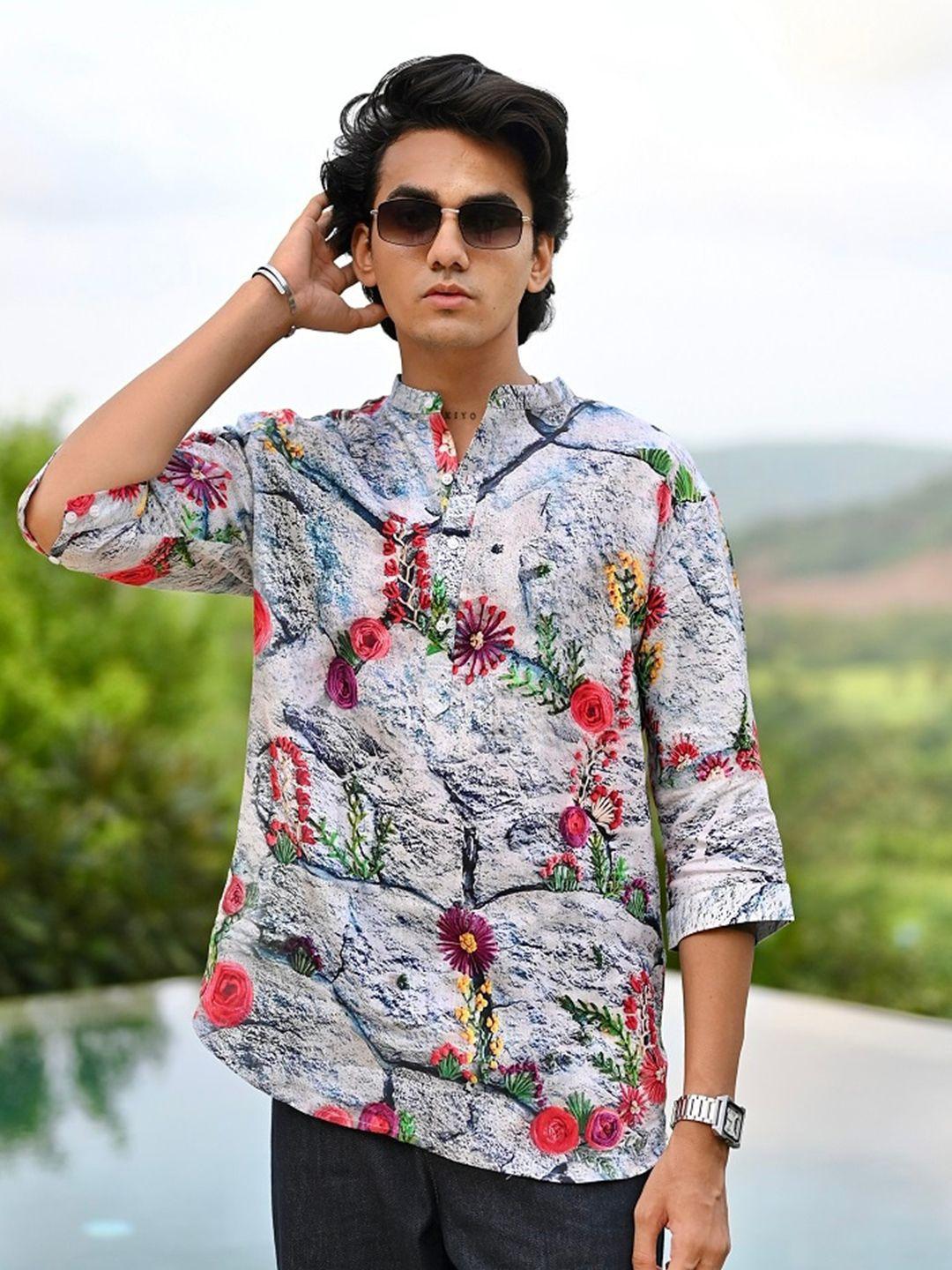 addy's for men comfort regular fit floral printed semi sheer linen casual shirt