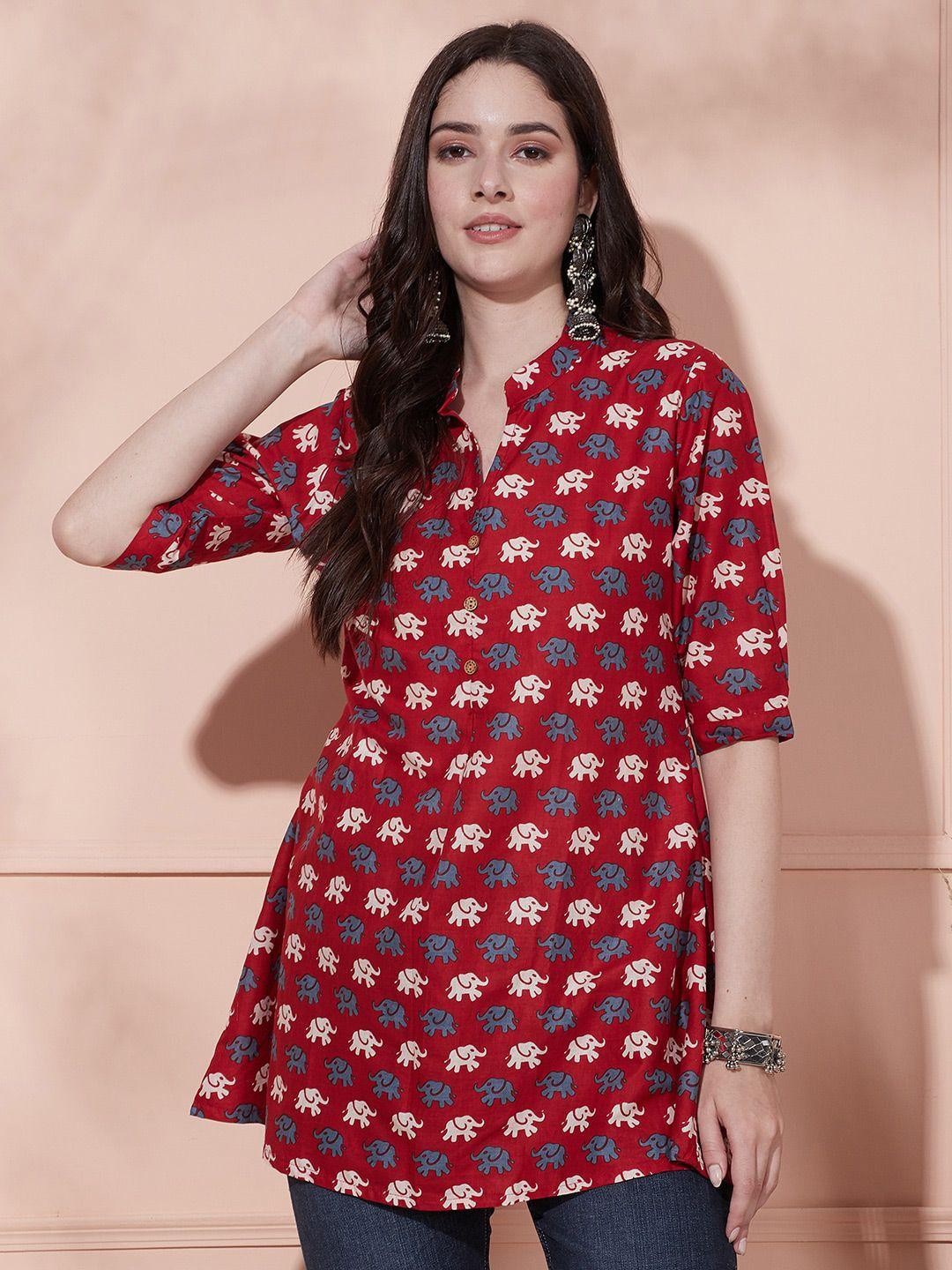 fashor ethnic motifs printed mandarin collar pure cotton a-line kurti