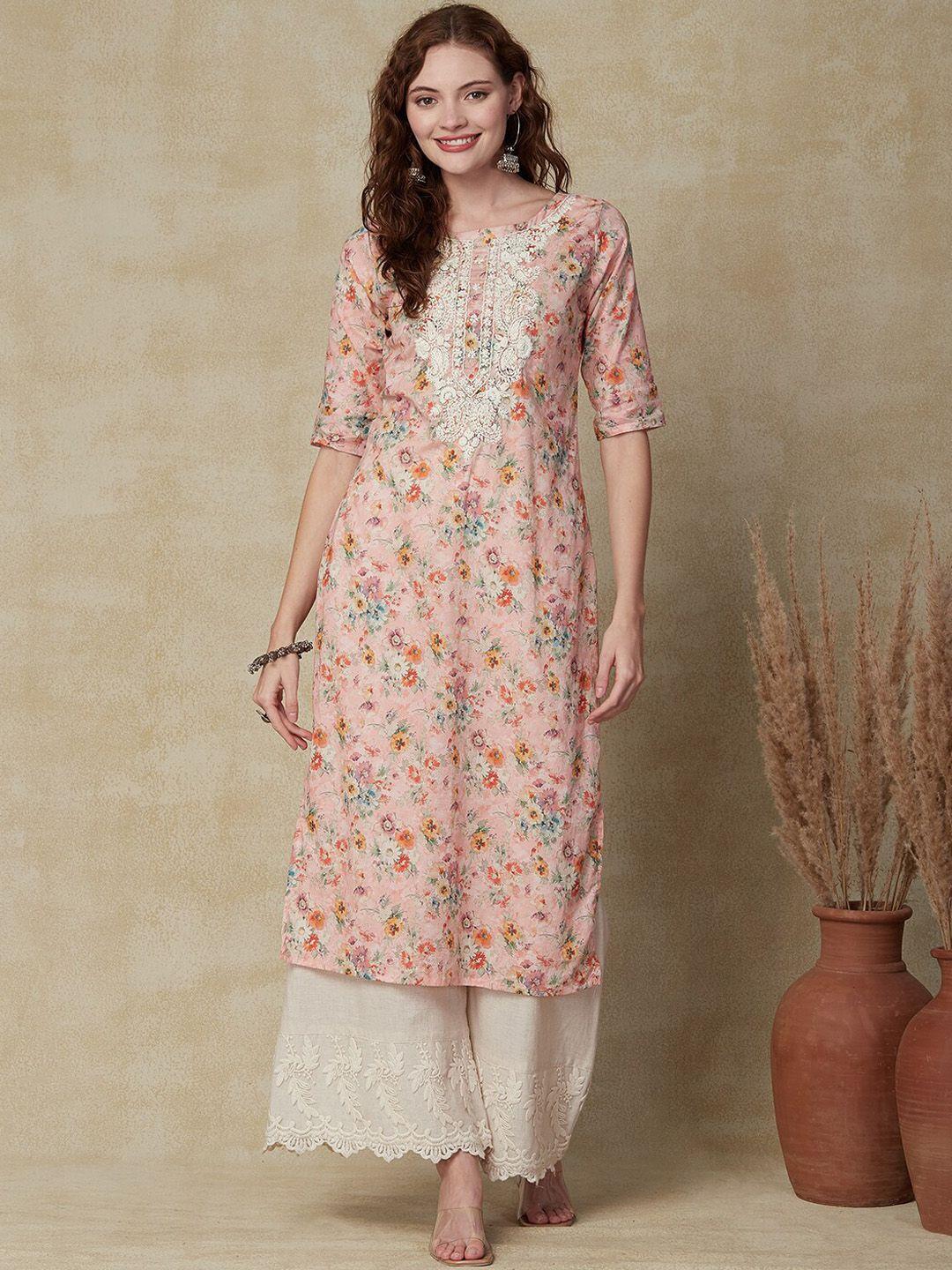 fashor floral printed thread work straight kurta