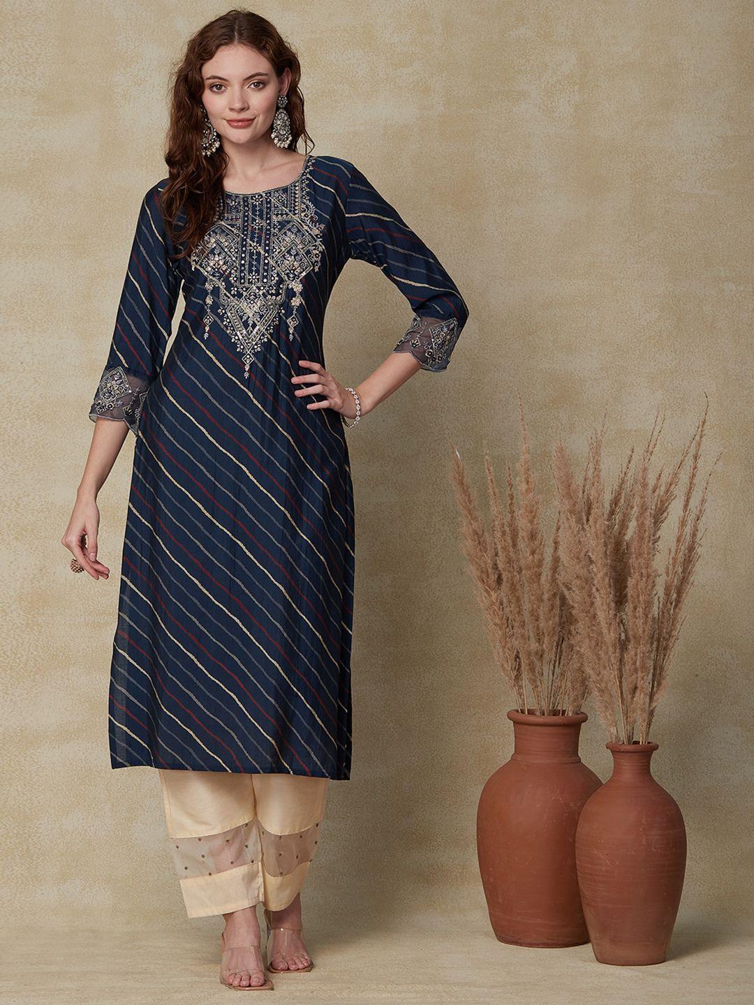 fashor navy blue leheriya printed thread work straight kurta