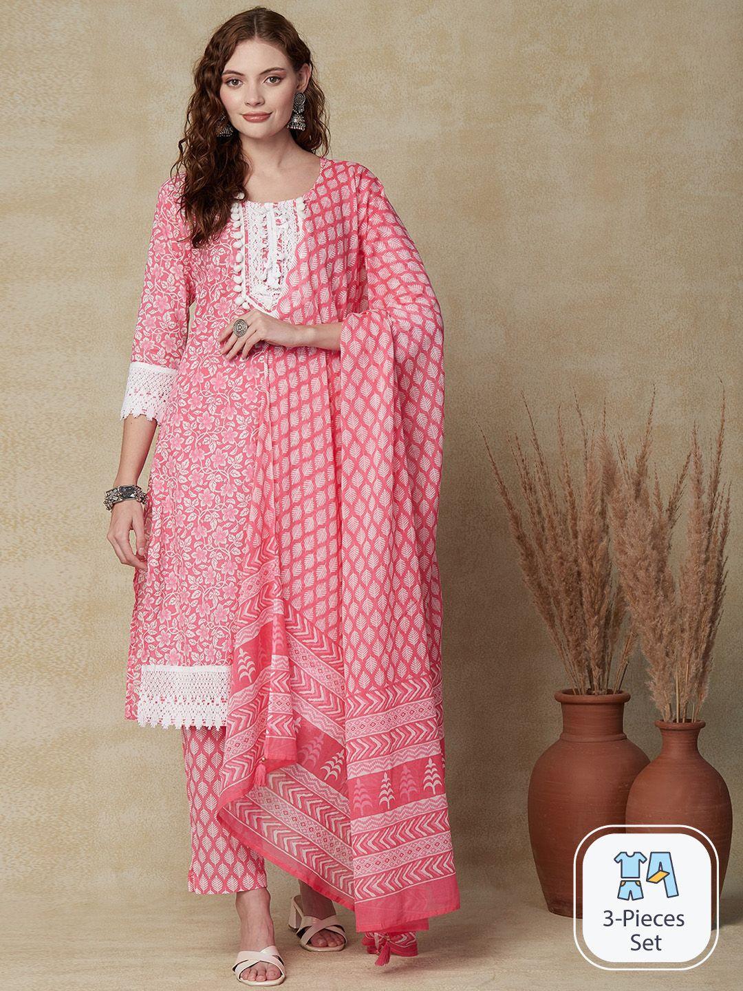 fashor floral printed scalloped hemline pure cotton kurta with trousers & with dupatta