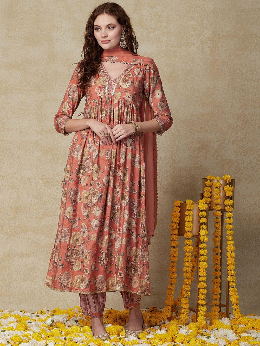 fashor floral printed empire kurta with harem pants & with dupatta