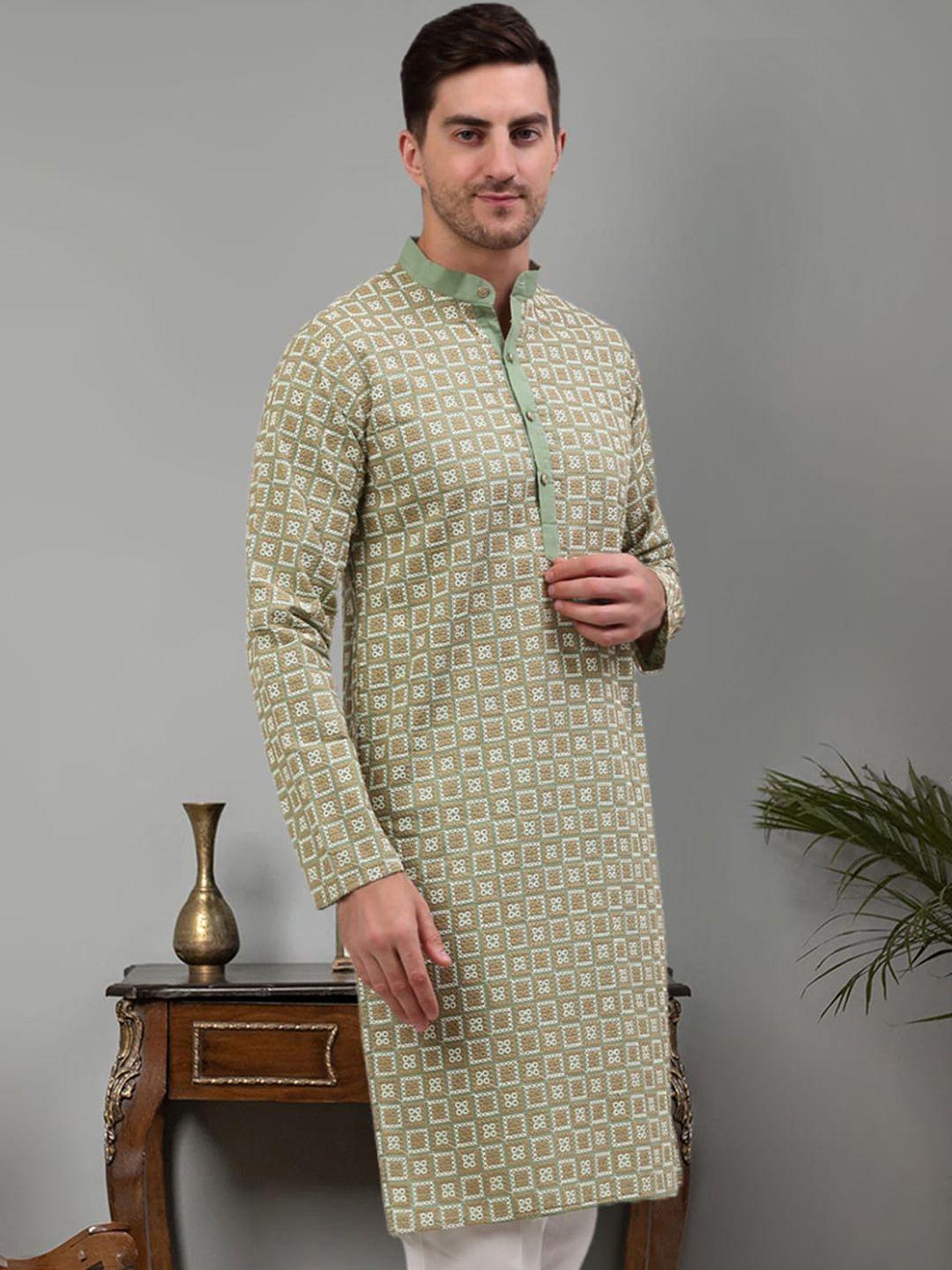 jompers geometric embroidered mandarin collar pure cotton kurta