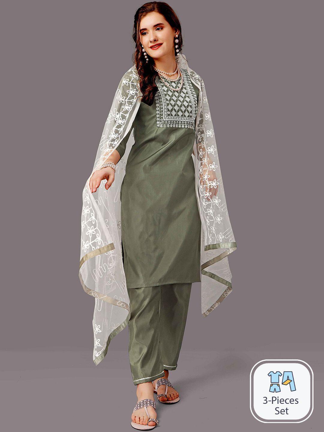 worivoc thread work detailed straight kurta & trousers with dupatta