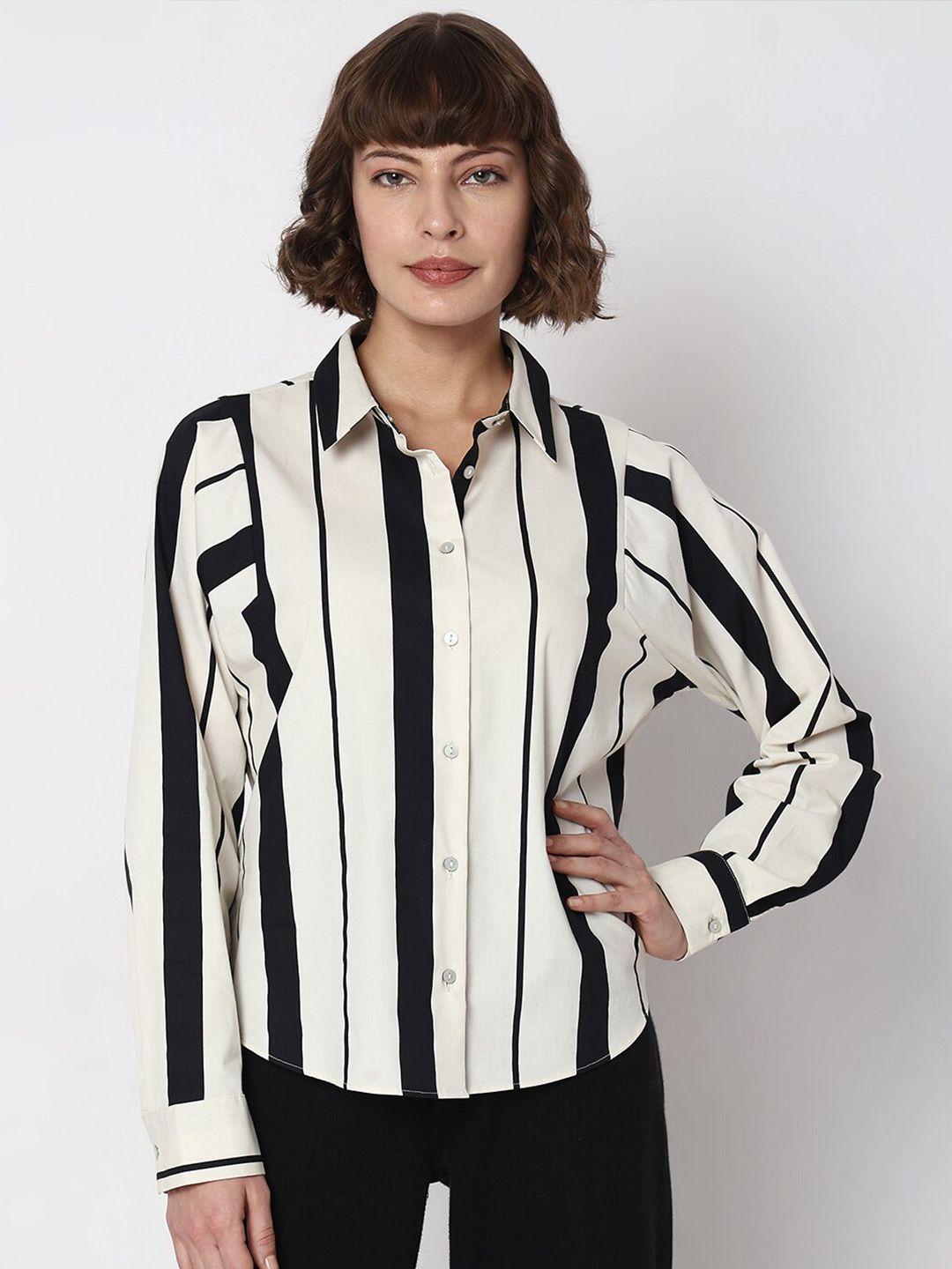 vero moda vertical striped spread collar cuff sleeves cotton casual shirt