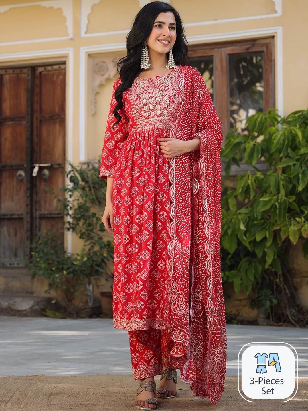 rangeelo ethnic motifs printed thread work detail straight kurta & trousers with dupatta