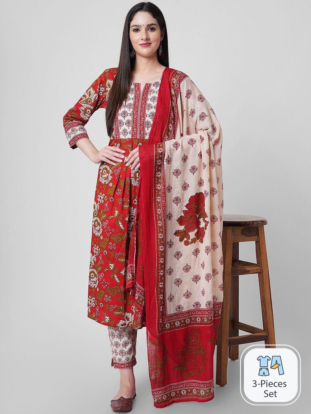 kalini floral printed pure cotton straight kurta & trousers with dupatta