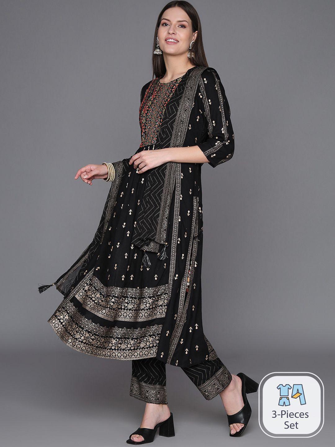 heeposh ethnic motifs printed pleated straight kurta & trousers with dupatta