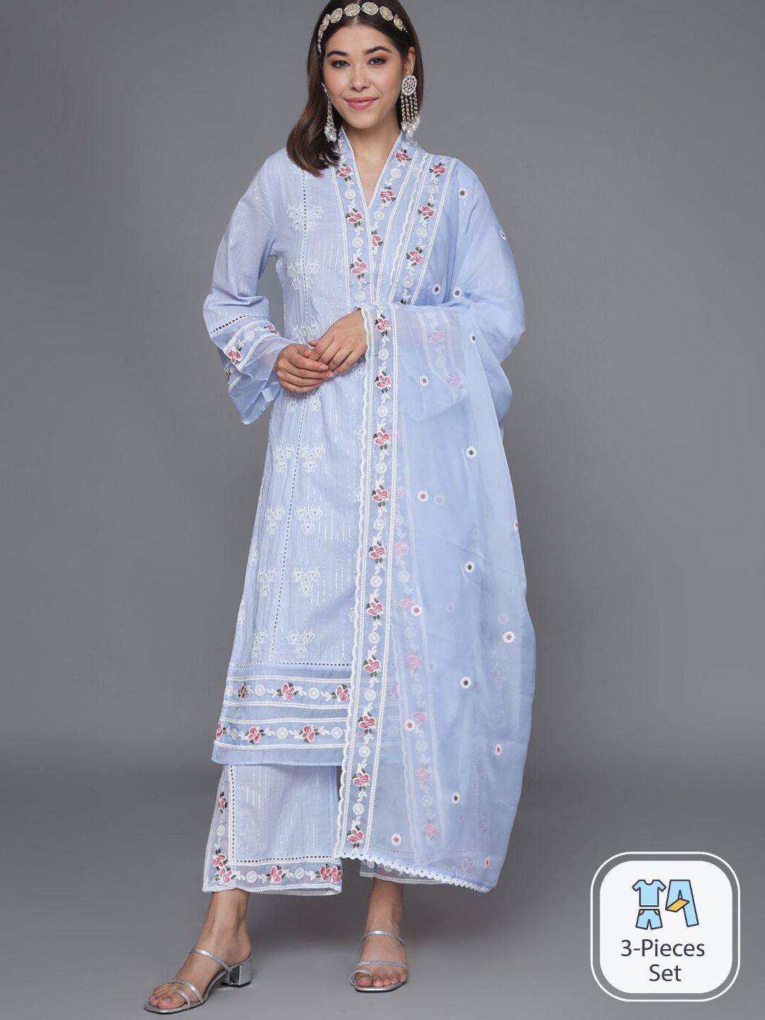 heeposh floral embroidered pure cotton kurta & palazzos with dupatta