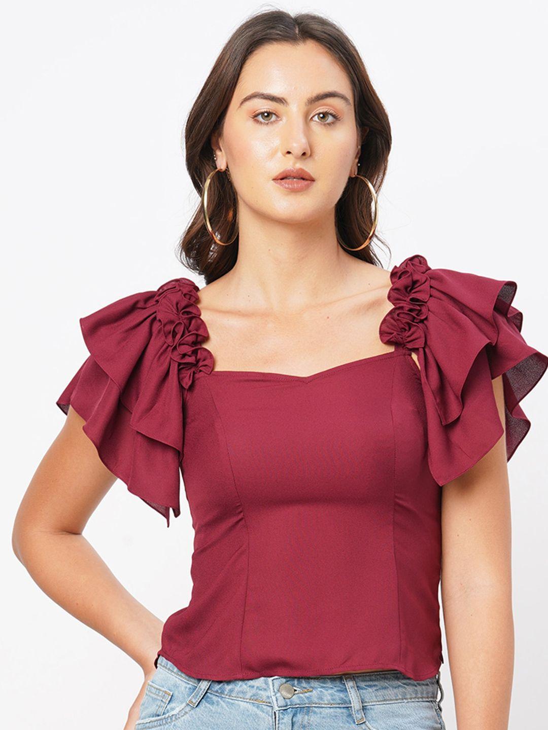 curves by mish sweetheart neck flutter sleeve ruffles crop top