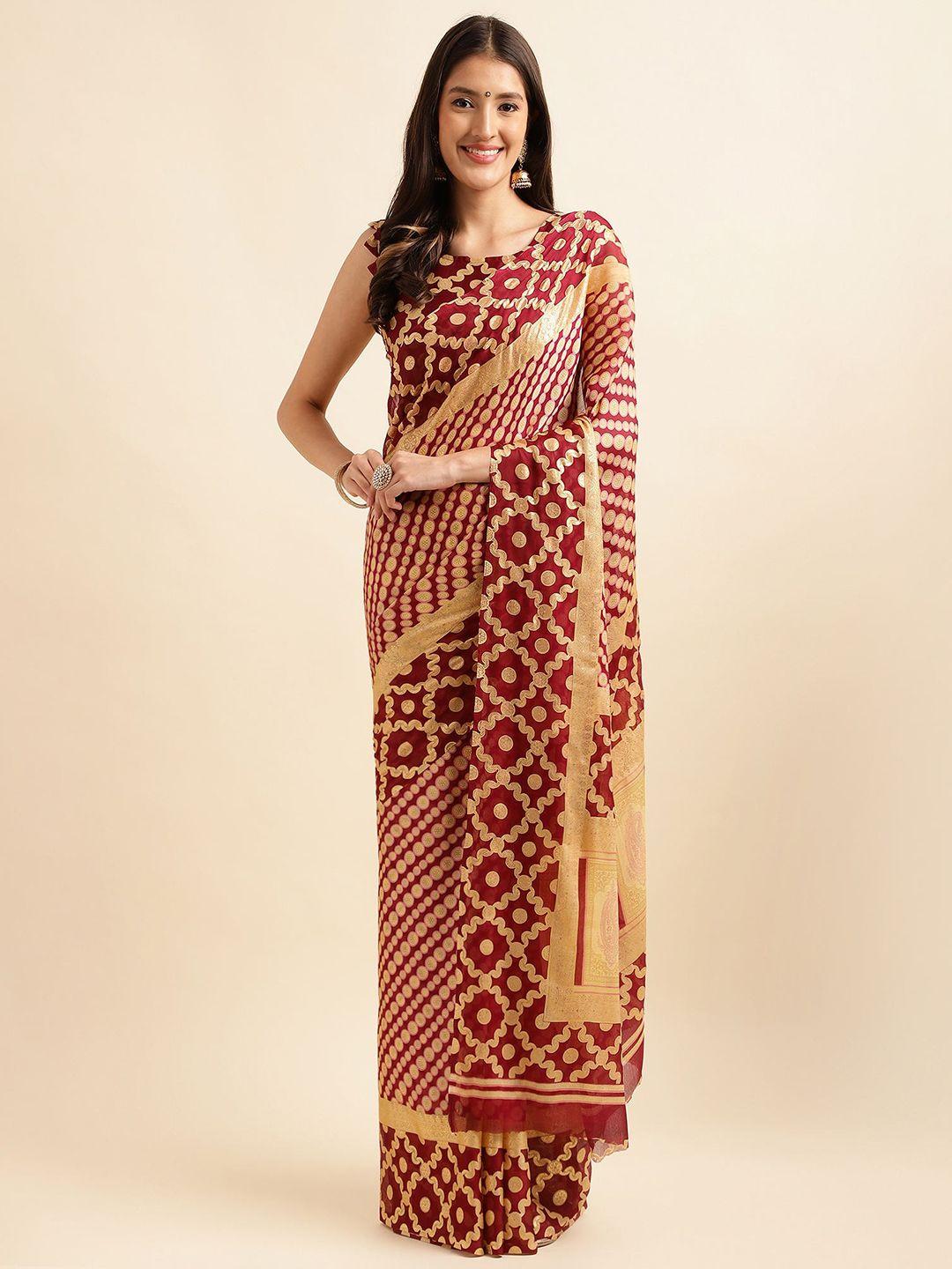 mitera magenta & beige floral printed pure chiffon saree