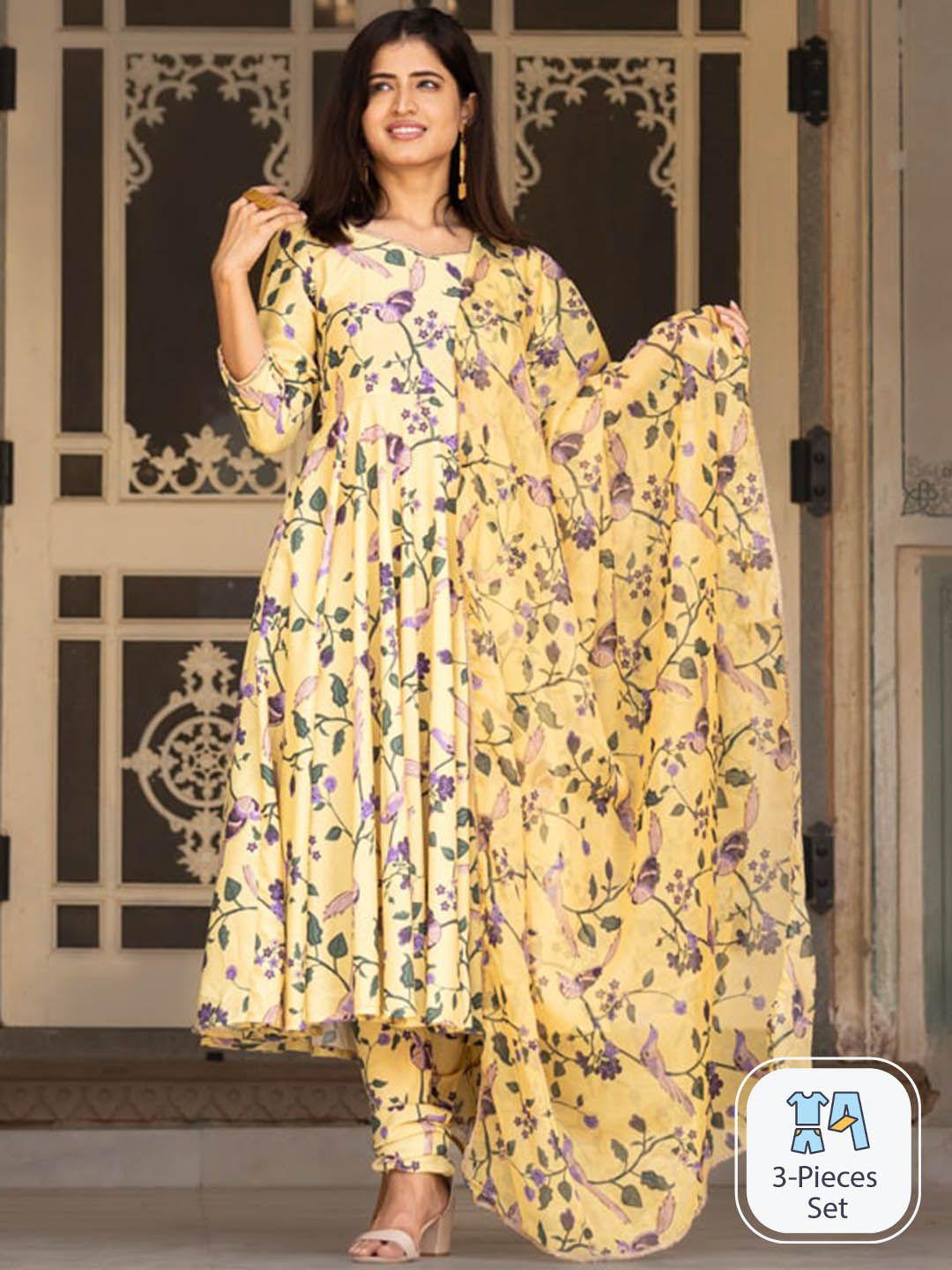 ambraee floral printed anarkali kurta with churidar & dupatta