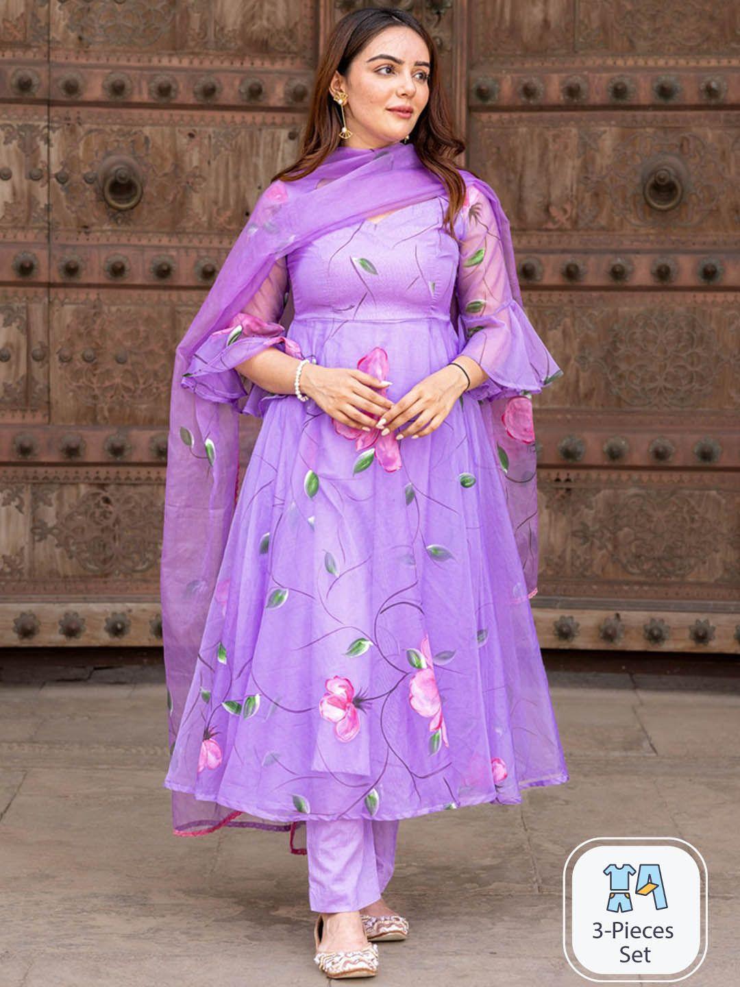 ambraee floral printed bell sleeves anarkali kurta with trousers & dupatta