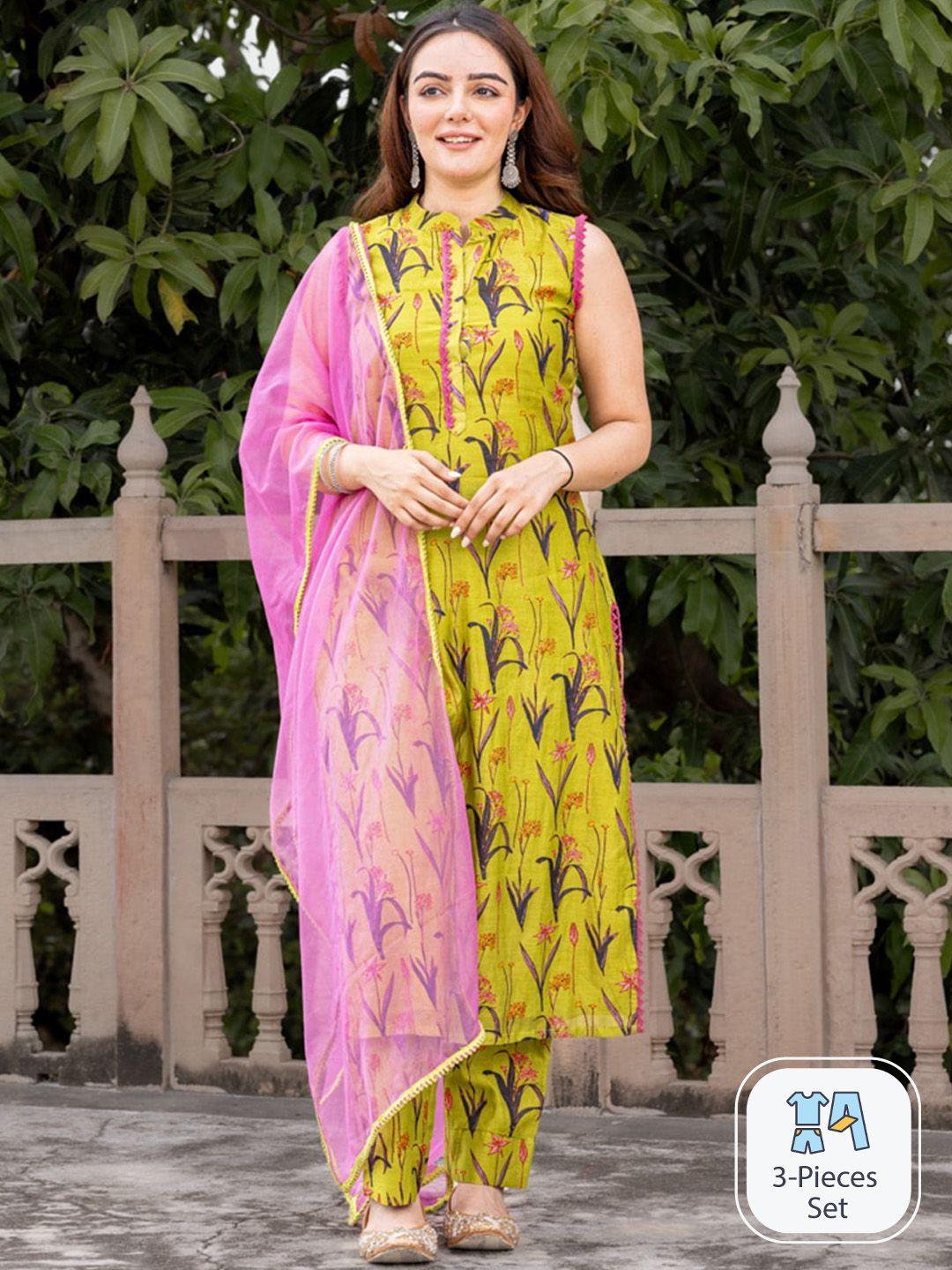 ambraee floral printed mandarin collar a-line kurta & trousers with dupatta