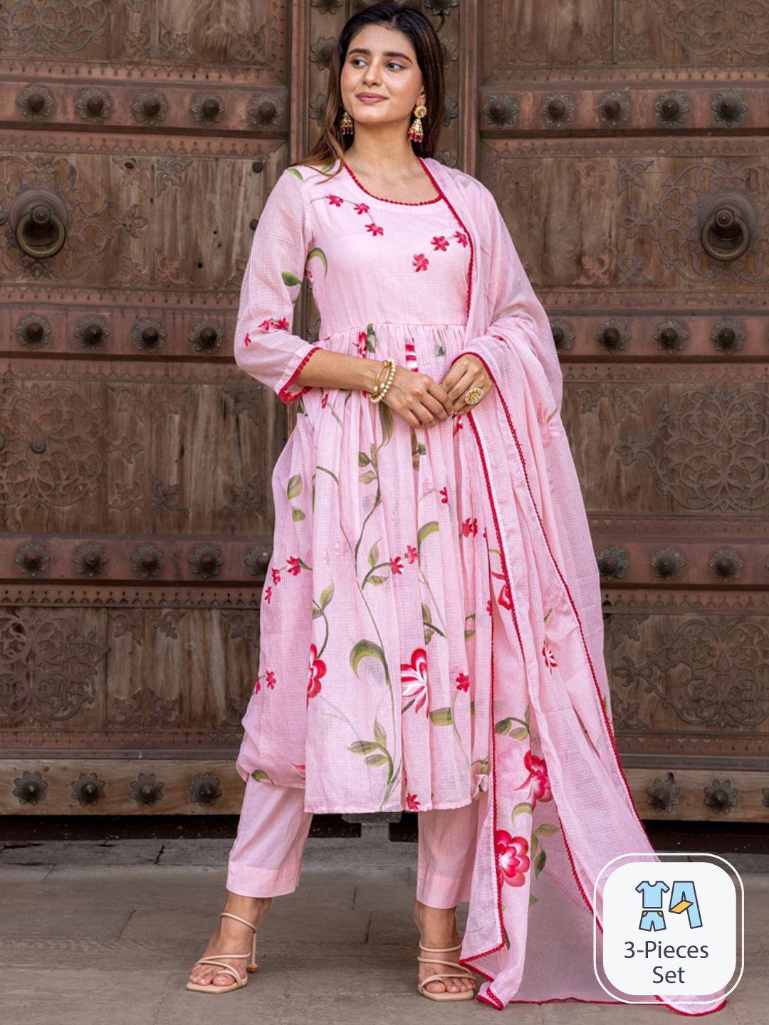 ambraee floral printed anarkali kurta & trousers with dupatta