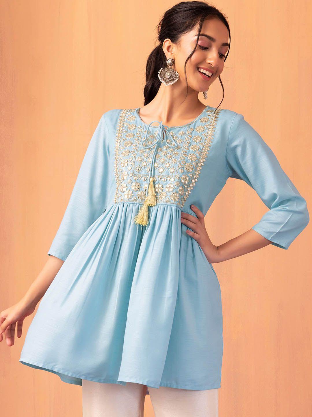 indya embroidered tie-up neck zari a-line kurti