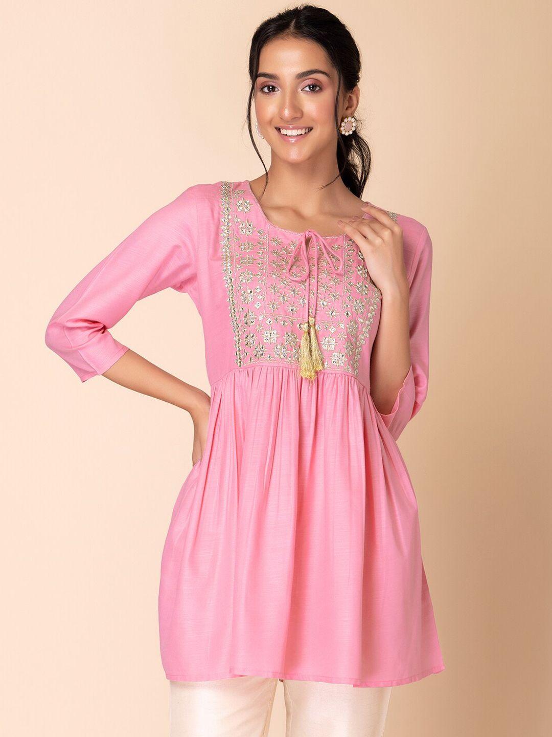 indya embroidered tie-up neck zari a-line kurti