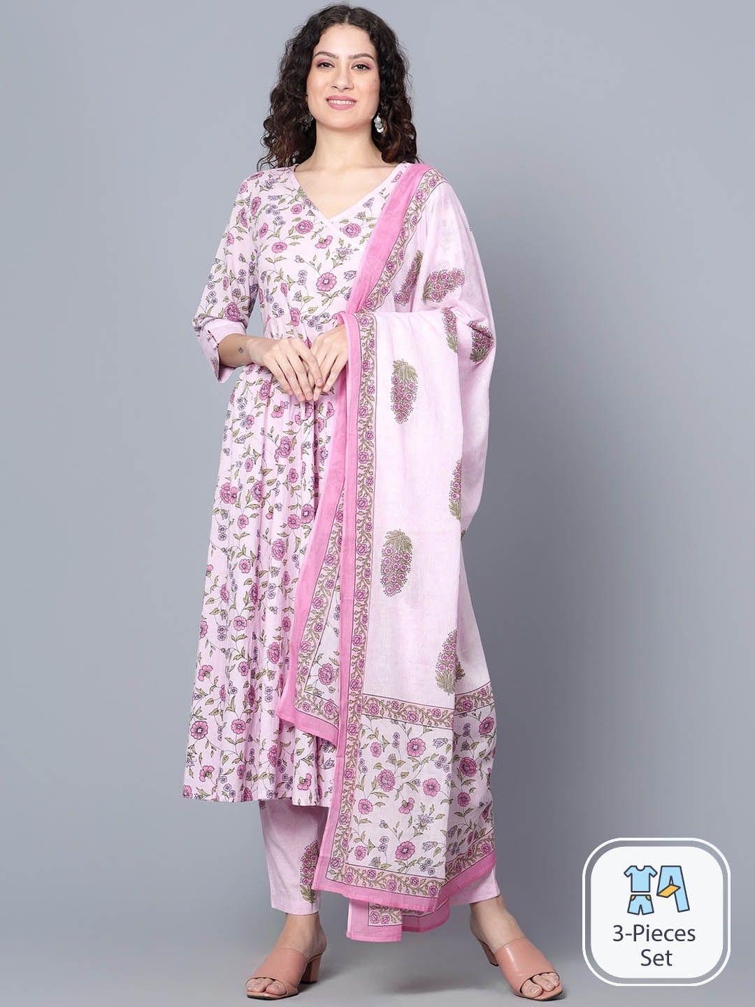 idalia floral printed v-neck a-line pure cotton kurta & trousers with dupatta