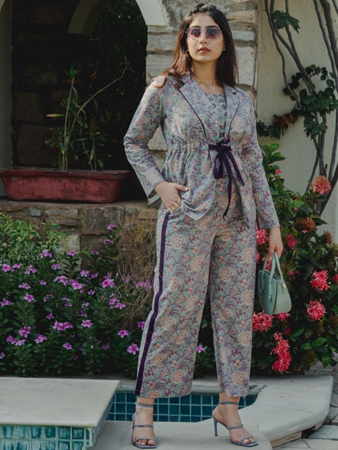 feathers closet printed pure cotton tunic with trousers & jacket