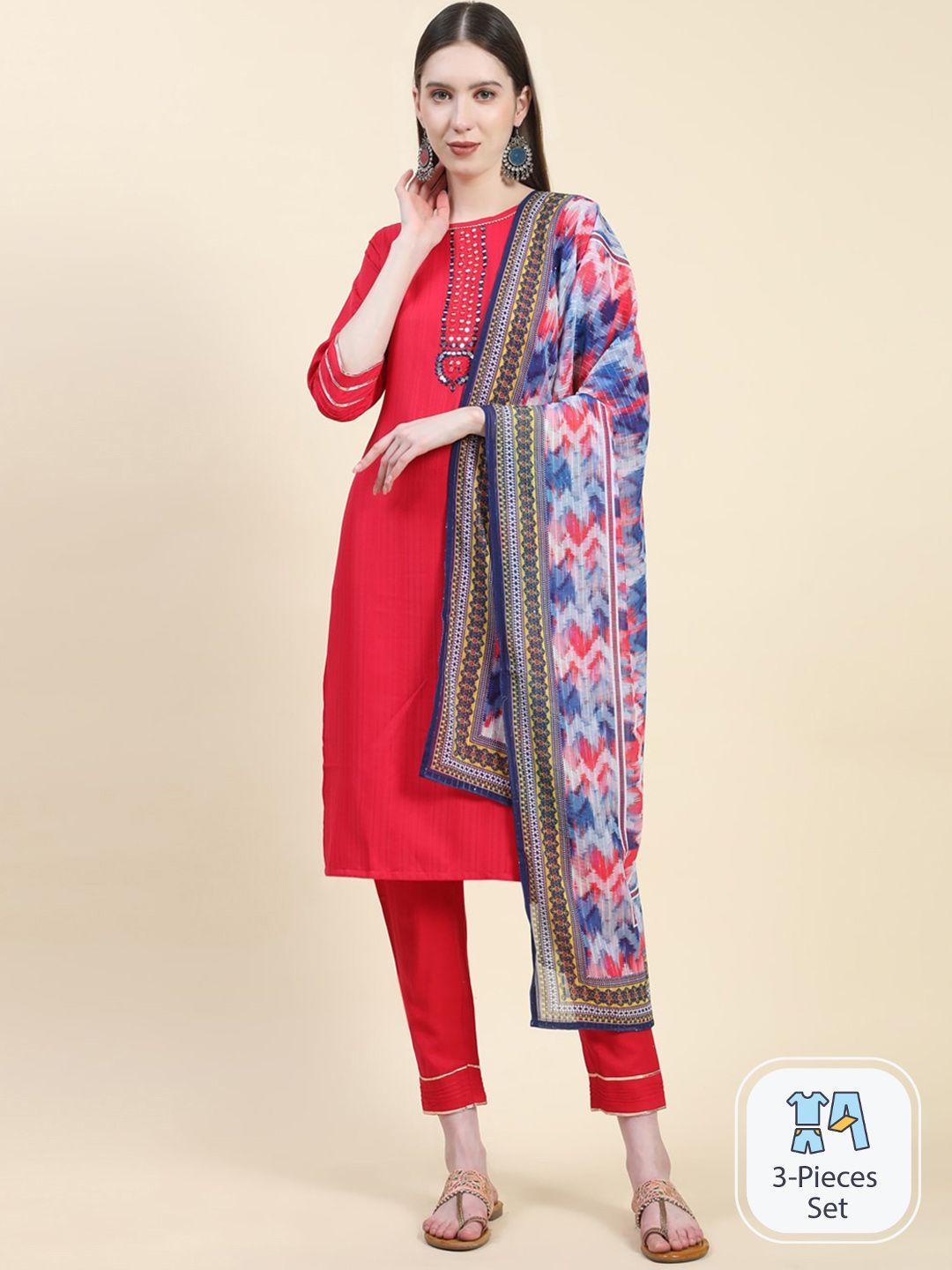 growish striped mirror work straight kurta & trouser with dupatta